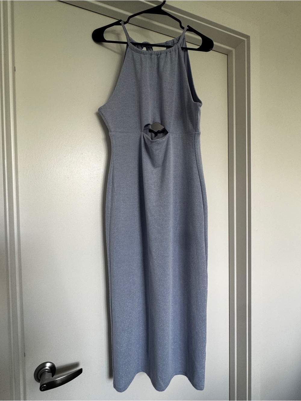 19 Cooper Halter Midi Dress in Dusty Blue with Center Cutout